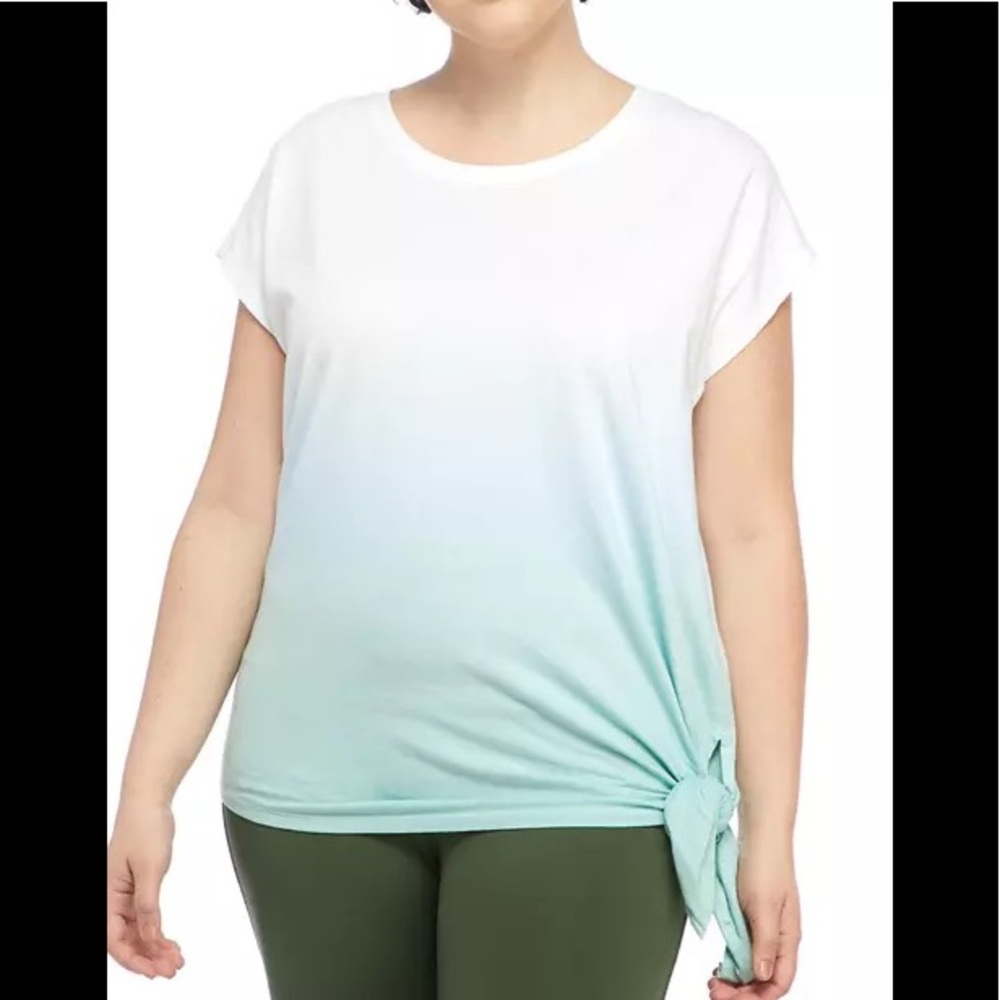NWT 1X White & blue/green Summer tunic shirt, dolman sleeves, and side tie.